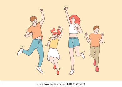 Achievement, joy, celebration concept. Happy cheerful joyful big family with children jumping together celebrating luck and feeling great having fun vector illustration 