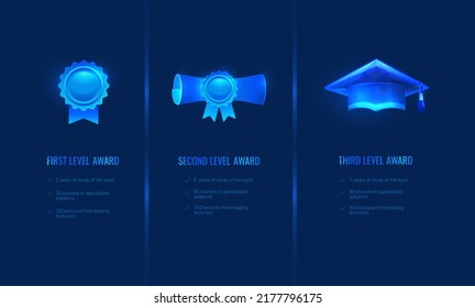 Achievement or level icon in digital futuristic style. Success rate or pricing plan for training. Vector illustration on dark night background with light neon effect