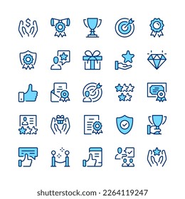 Achievement line icons. Set of achievement icons. Blue color. Vector line icons set