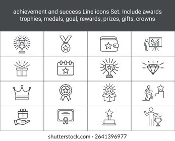 Achievement Line icons Set. Success icons. Include awards trophies, medals, goal, rewards,
prizes, gifts, crowns, certificates, diamonds, career progression etc. flat icon, solid icon vector