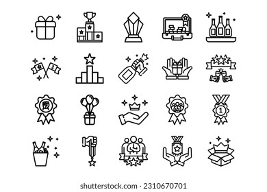 Achievement lines icon set. Achievement genres and attributes. Linear design. Lines with editable stroke. Isolated vector icons.