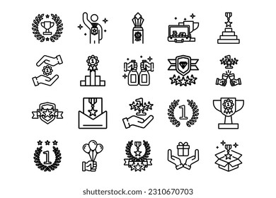 Achievement lines icon set. Achievement genres and attributes. Linear design. Lines with editable stroke. Isolated vector icons.