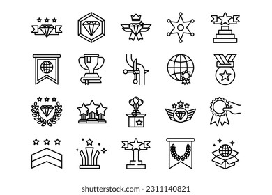 Juego de iconos de líneas de logro. Género y atributos de logro. Diseño lineal. Líneas con trazo editable. Iconos vectoriales aislados.