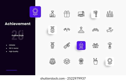 Achievement lines icon set. Achievement genres and attributes. Linear design. Lines with editable stroke. Isolated vector icons.