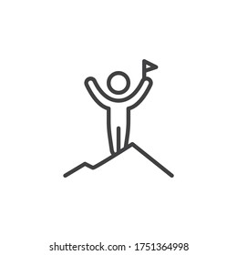 Logro del icono de la línea man. signo de estilo lineal para concepto móvil y diseño web. Empresario en montaña con icono de vector de contorno de bandera. Símbolo de éxito comercial, ilustración del logotipo. Gráficos vectoriales