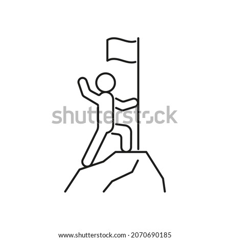Achievement man win on peak mountain with flag, success career, seize goal, line icon. Mountain top conquest, rock climbing. Plans for success, motivation. Vector illustration
