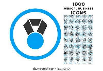 Achievement Medal rounded vector bicolor icon with 1000 medical business icons. Set style is flat pictograms, blue and gray colors, white background.