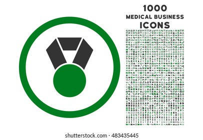 Achievement Medal rounded vector bicolor icon with 1000 medical business icons. Set style is flat pictograms, green and gray colors, white background.