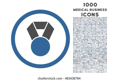 Achievement Medal rounded vector bicolor icon with 1000 medical business icons. Set style is flat pictograms, cobalt and gray colors, white background.