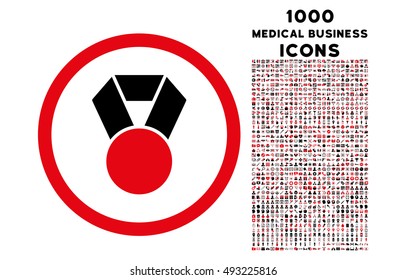 Achievement Medal rounded vector bicolor icon with 1000 medical business icons. Set style is flat pictograms, intensive red and black colors, white background.