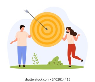 Achievement of mission objective, challenge and focus on goal. Tiny people win and hit circle target with arrow, success strategy of team and perfect bullseye shot cartoon vector illustration