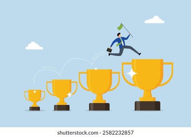 achievement to motivate to achieve bigger goal, businessman jumping from small win trophy to get bigger one