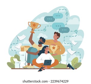 Achievement. New milestone reached in business activity, career success or winning award. Big winner trophy. Flat vector illustration