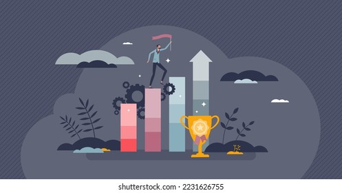 El rendimiento de los logros y el exitoso concepto de la pequeña persona en el progreso del crecimiento. Las ventas de las empresas y el aumento de los beneficios con una mayor ilustración de los vectores de desarrollo. Aumento de la eficiencia con un gran liderazgo de la empresa