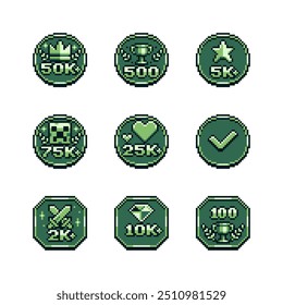 Achievement pixel art icon, goblet emblem, subscribers, likes, design for logo, web, mobile app. Game tournament. 8-bit. Game assets. Isolated abstract vector illustration.