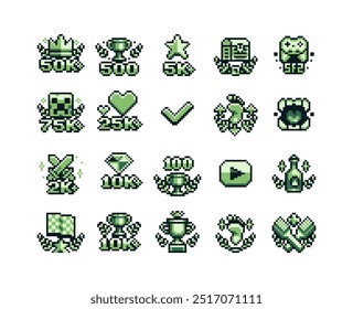 Errungenschaft Pixel Art Icon-Set, Becher Emblem, Abonnenten, Likes, Design für Logo, Web, mobile App. Spielturnier.  8-Bit. Spielmaterial. Abstrakte einzelne Vektorgrafik.