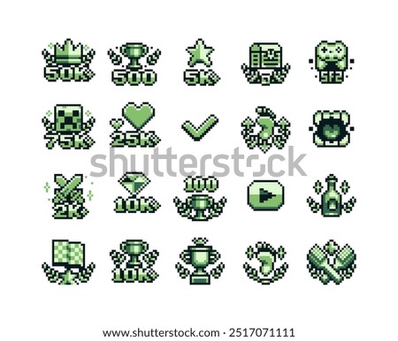 Achievement pixel art icon set, goblet emblem, subscribers, likes, design for logo, web, mobile app. Game tournament.  8-bit. Game assets. Isolated abstract vector illustration.