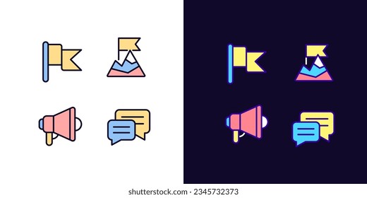 Achievement pixel perfect light and dark theme color icons set. Goal accomplishment. Promotion and advertising. Simple filled line drawings. Bright cliparts on white and black. Editable stroke