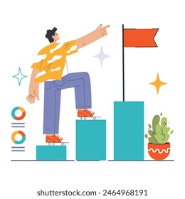 Achievement and progress concept. A dynamic character climbing steps towards a milestone flag, symbolizing goal accomplishment. Career and project milestones visualization. Flat vector illustration