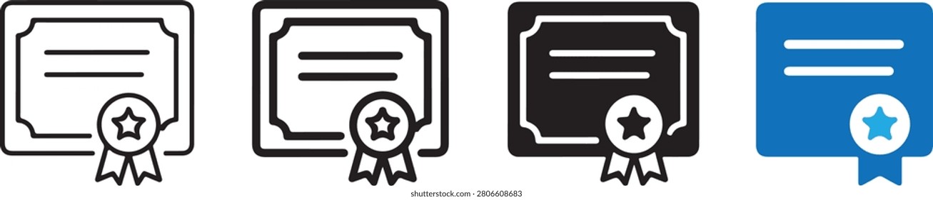 Achievement Qualification Certificate Icons Set Featuring Outline and Solid Glyph Icons for Education Diplomas, Degree Graduations, Official Documentation, Training Completions, Legal Licensures, Course Passes, Graphic Assets