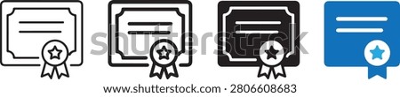 Achievement Qualification Certificate Icons Set Featuring Outline and Solid Glyph Icons for Education Diplomas, Degree Graduations, Official Documentation, Training Completions, Legal Licensures, Course Passes, Graphic Assets