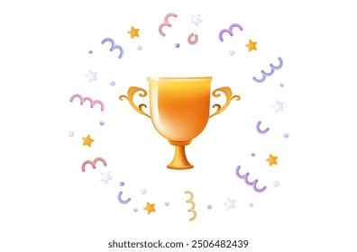 Achievement, qualification, gold trophy cup, 3d icon. First place, champion prize, winner in sports competitions. A high goal achieved, a reward for success. A trophy bowl with confetti, stars. Vector