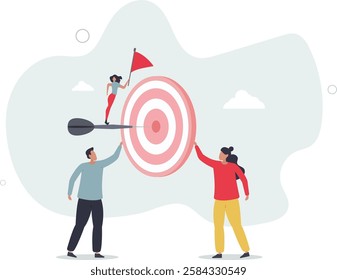 Achievement, reaching goal or meet target, winning business challenge, success or teamwork helping to achieve target concept.flat character life .