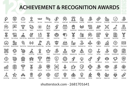 Conjunto de iconos de premios de logro y reconocimiento: certificado, trofeo, medalla, insignia, podio, estrella, objetivo, crecimiento, éxito y símbolos de celebración