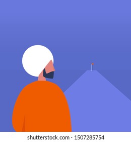 Achievement. Red flag on the horizon. Aim. Target. Mission. Perspective. Young indian male character's silhouette. Conceptual business illustration. Lifestyle.