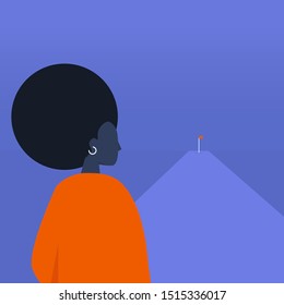 Achievement. Red flag on the horizon. Aim. Target. Mission. Perspective. Young black female character's silhouette. Conceptual business illustration. Lifestyle.