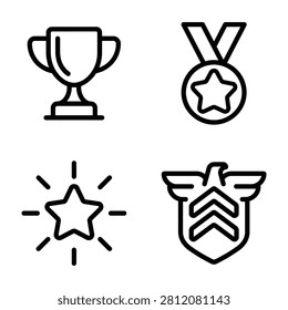 Achievement and reward icon collection featuring trophy medal star and military badge champion achievement recognition military competition