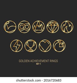 Achievement Rings. Video game coins or medals set x9. Progress tokens, Badges. Gold, Graphic user interface design element. Vector illustration.