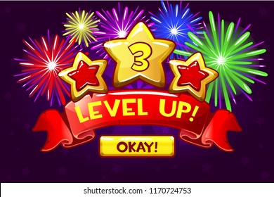 Achievement screen, cartoon icon Level up and button. Vector GUI elements. Icons for game design