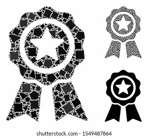 Achievement seal composition of inequal elements in different sizes and color tones, based on achievement seal icon. Vector rough elements are organized into composition.