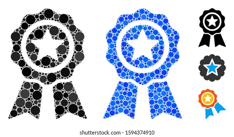 Achievement seal mosaic of small circles in variable sizes and color tints, based on achievement seal icon. Vector small circles are grouped into blue illustration.