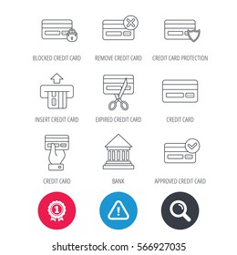 Achievement and search magnifier signs. Bank credit card icons. Banking, blocked and expired debit card linear signs. Money transactions and shopping icons. Hazard attention icon. Vector