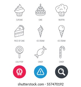 Achievement and search magnifier signs. Cake, candy and muffin icons. Cupcake, ice cream and lolly pop linear signs. Piece of cake icon. Hazard attention icon. Vector