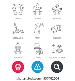 Achievement and search magnifier signs. Car wash icons. Automatic cleaning station linear signs. Bucket with foam bubbles, sponge and spray flat line icons. Hazard attention icon. Vector