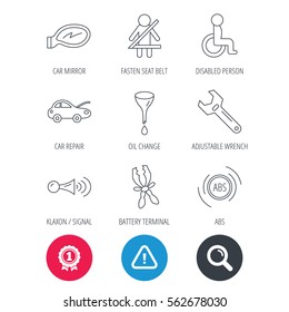 Achievement and search magnifier signs. Car mirror repair, oil change and wrench tool icons. ABS, klaxon signal and fasten seat belt linear signs. Disabled person icons. Hazard attention icon. Vector