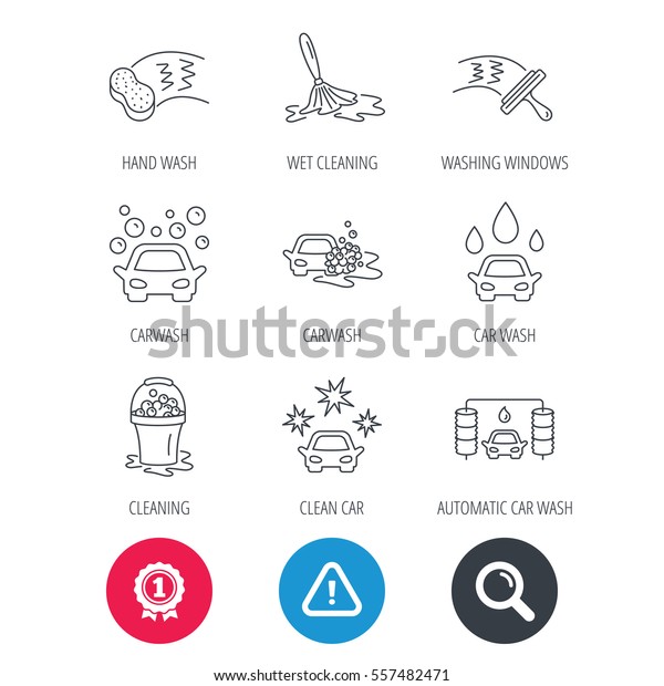 Achievement and\
search magnifier signs. Car wash icons. Automatic cleaning station\
linear signs. Washing windows, sponge and foam bucket flat line\
icons. Hazard attention icon.\
Vector
