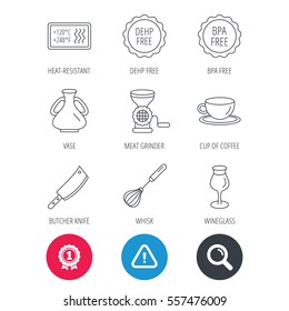 Achievement and search magnifier signs. Coffee cup, butcher knife and wineglass icons. Meat grinder, whisk and vase linear signs. Heat-resistant, DEHP and BPA free icons. Hazard attention icon. Vector