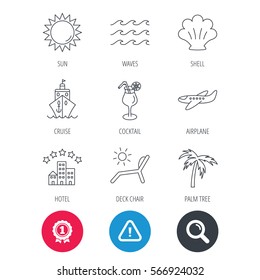 Achievement and search magnifier signs. Cruise, waves and cocktail icons. Hotel, palm tree and shell linear signs. Airplane, deck chair and sun flat line icons. Hazard attention icon. Vector