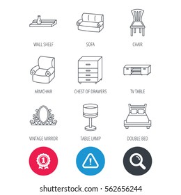 Achievement and search magnifier signs. Double bed, table lamp and armchair icons. Chair, lamp and vintage mirror linear signs. Wall shelf, sofa and chest of drawers furniture icons. Vector