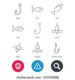 Achievement and search magnifier signs. Fishing hook and float icons. Fish, waves linear signs. Hazard attention icon. Vector
