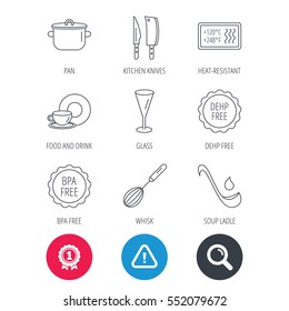 Achievement and search magnifier signs. Kitchen knives, glass and pan icons. Food and drink, coffee cup and whisk linear signs. Soup ladle, heat-resistant and DEHP, BPA free icons. Vector