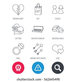 Achievement and search magnifier signs. Love heart, gift box and wedding rings icons. Broken heart and couple linear signs. Valentine amour arrows flat line icons. Hazard attention icon. Vector