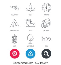 Achievement and search magnifier signs. Maple tree, fishing float and hiking boots icons. Compass, flashlight and fire linear signs. Camping tent, fish and backpack icons. Hazard attention icon
