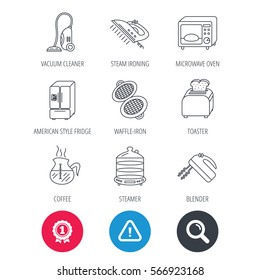 Achievement and search magnifier signs. Microwave oven, coffee and blender icons. Refrigerator fridge, steamer and toaster linear signs. Vacuum cleaner, ironing and waffle-iron icons. Vector