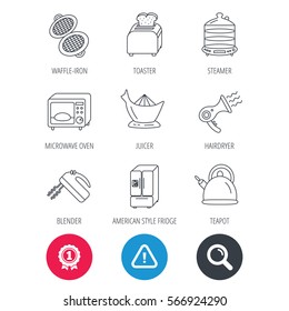 Achievement and search magnifier signs. Microwave oven, teapot and blender icons. Refrigerator fridge, juicer and toaster linear signs. Hair dryer, steamer and waffle-iron icons. Hazard attention icon