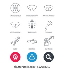 Achievement and search magnifier signs. Motor oil change, traffic lights and pliers icons. Gas station, heated window and manual gearbox linear signs. Washing window icons. Hazard attention icon